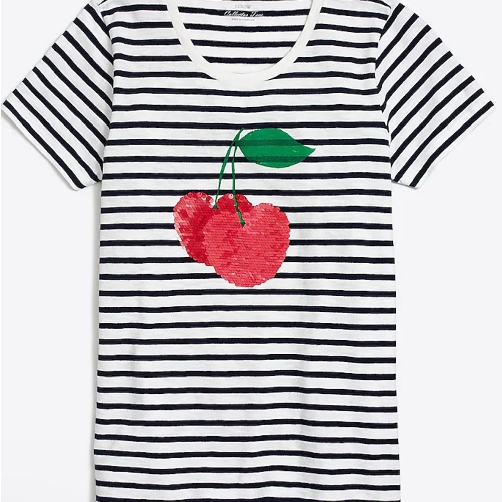 J.CREW Collector Tees WomanXS White/Black Striped Tee Cherry reversible sequins